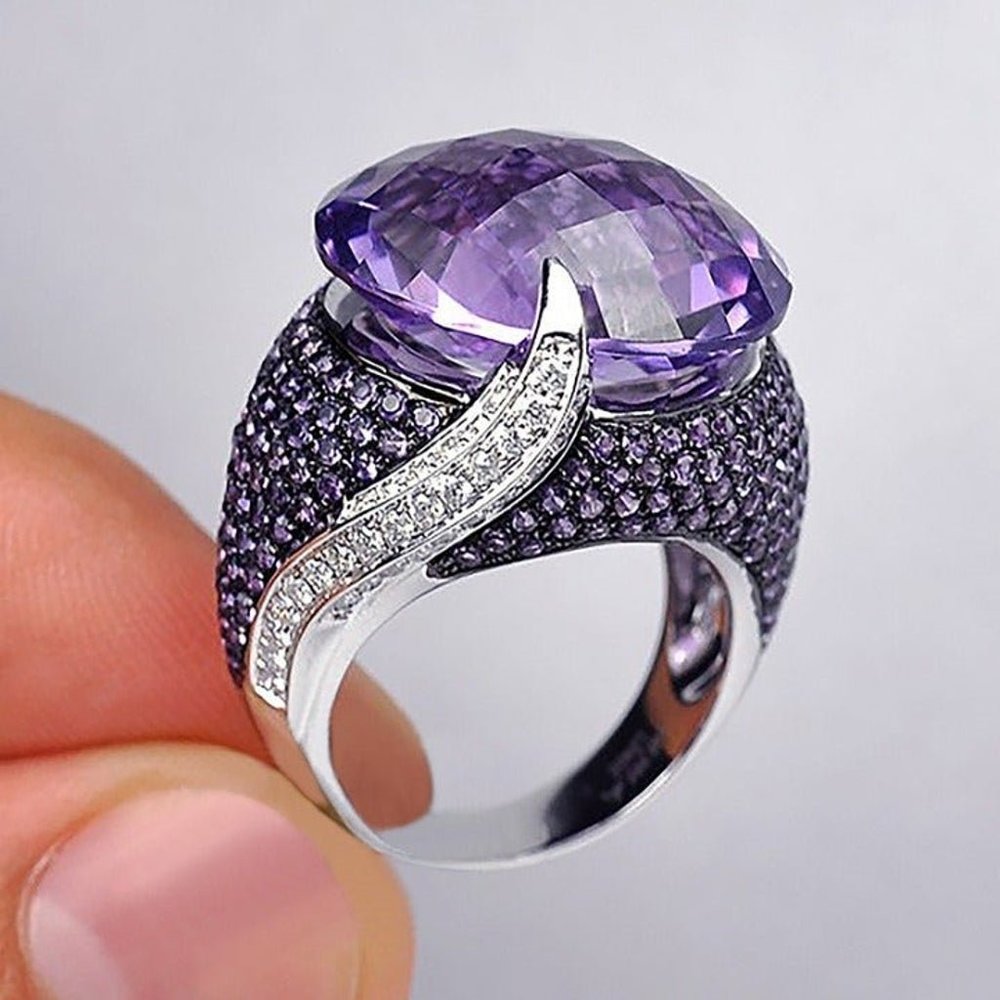 Large Purple Oval Gemstones Zircon Filled Luxury Rings for Women